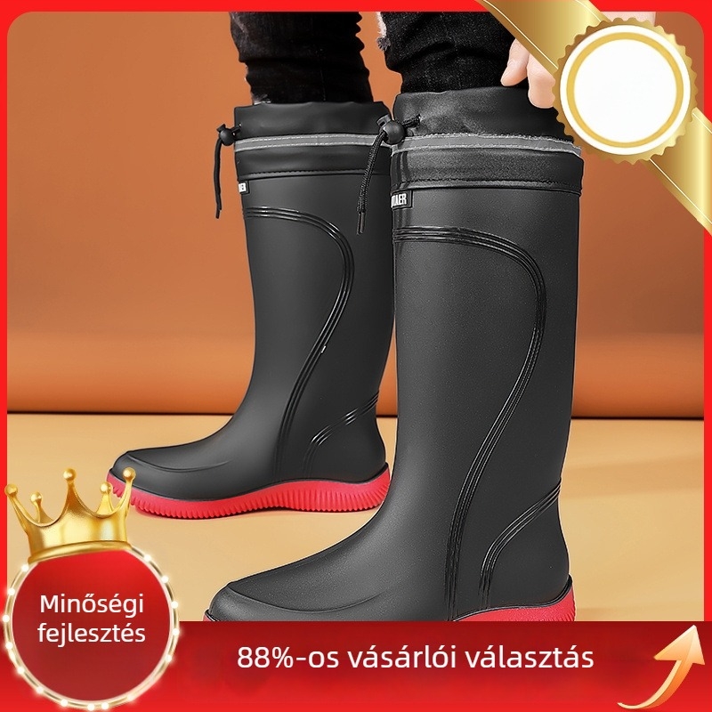 Férfi esőcsizmák – PU felsőrész, műanyag talp, középmagas cső, alacsony sarka 1–3 cm, mindennapi stílus