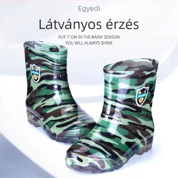 Kamuflált PVC esőovershoes, alacsony szár, műanyag talp, belső műszál gyapjú bélés, csúszásmentes.