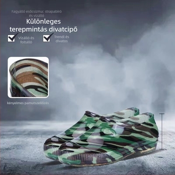 Kamuflált PVC esőovershoes, alacsony szár, műanyag talp, belső műszál gyapjú bélés, csúszásmentes.