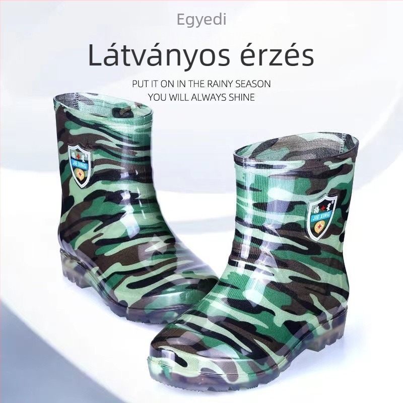 Kamuflált PVC esőovershoes, alacsony szár, műanyag talp, belső műszál gyapjú bélés, csúszásmentes.
