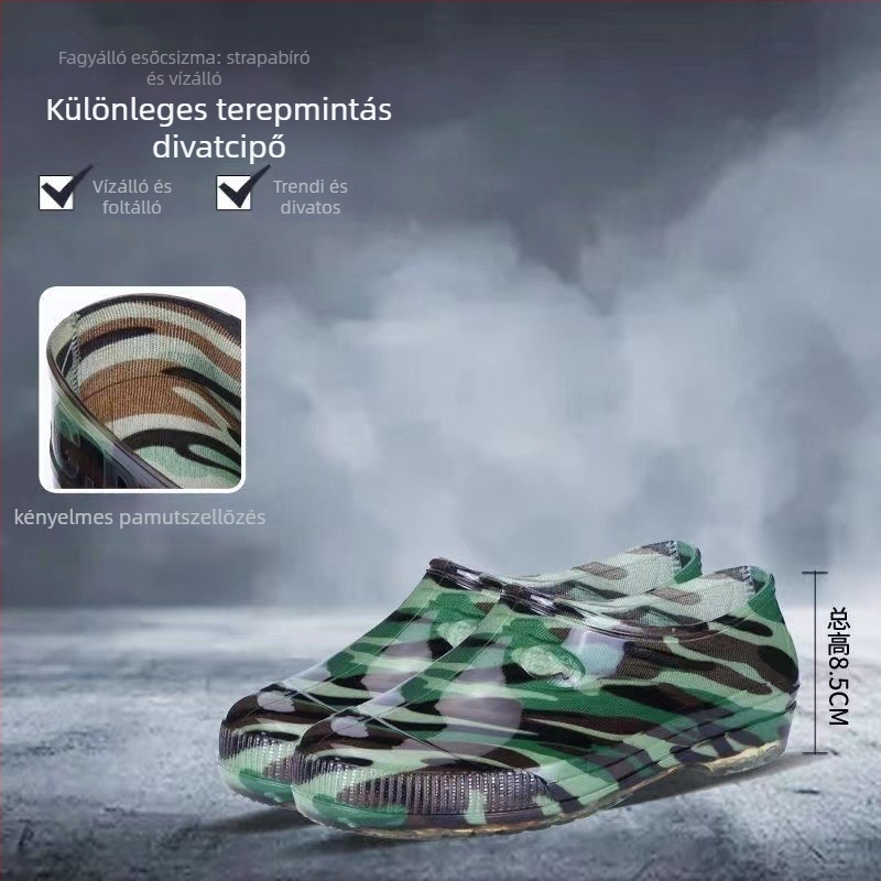 Kamuflált PVC esőovershoes, alacsony szár, műanyag talp, belső műszál gyapjú bélés, csúszásmentes.