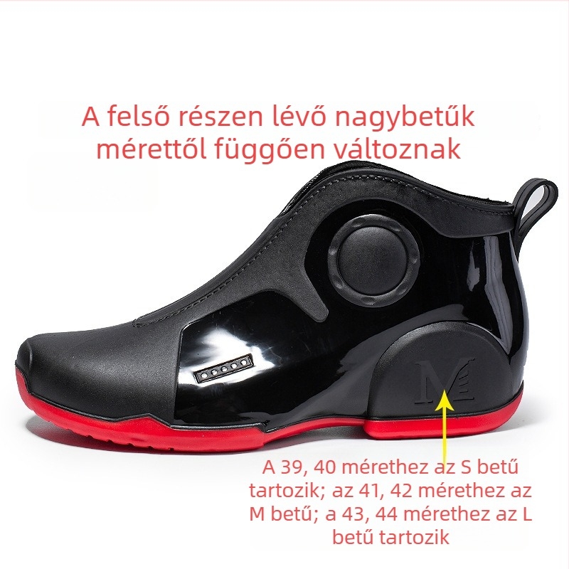 Férfi vízálló esőcsizmák — felső rész műanyag, talp műanyag, belső hálós bélés, EVA talpbetét, csúszásmentes kialakítás