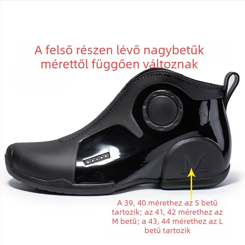 Férfi vízálló esőcsizmák — felső rész műanyag, talp műanyag, belső hálós bélés, EVA talpbetét, csúszásmentes kialakítás