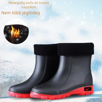 Férfi PVC esőcsizma, vízálló, csúszásmentes talppal, belső műszőrme bélés, alacsony cső, hétköznapi stílus
