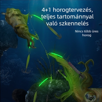 Fénnyel világító horgász szerelék kalmarokhoz, tintahalhoz és poliphoz nylon damillal tengeri hajóhorgászathoz
