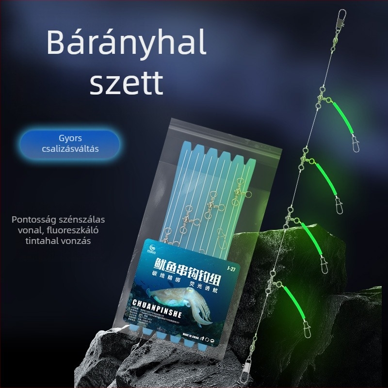 Fénnyel világító horgász szerelék kalmarokhoz, tintahalhoz és poliphoz nylon damillal tengeri hajóhorgászathoz