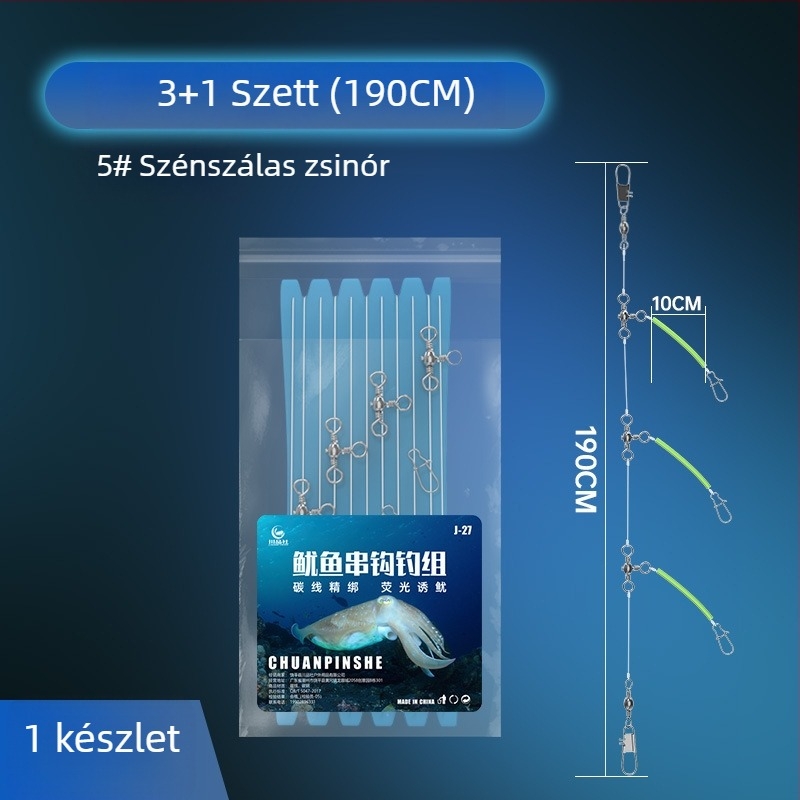 Fénnyel világító horgász szerelék kalmarokhoz, tintahalhoz és poliphoz nylon damillal tengeri hajóhorgászathoz