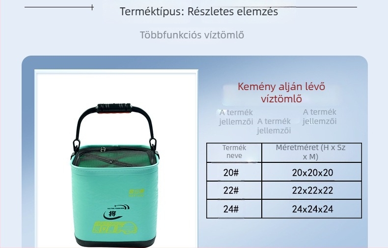 Összecsukható hordozható élőhalas vízvödör EVA megerősített anyagból, 350 g, kötéllel és fedéllel, négyszögletes forma