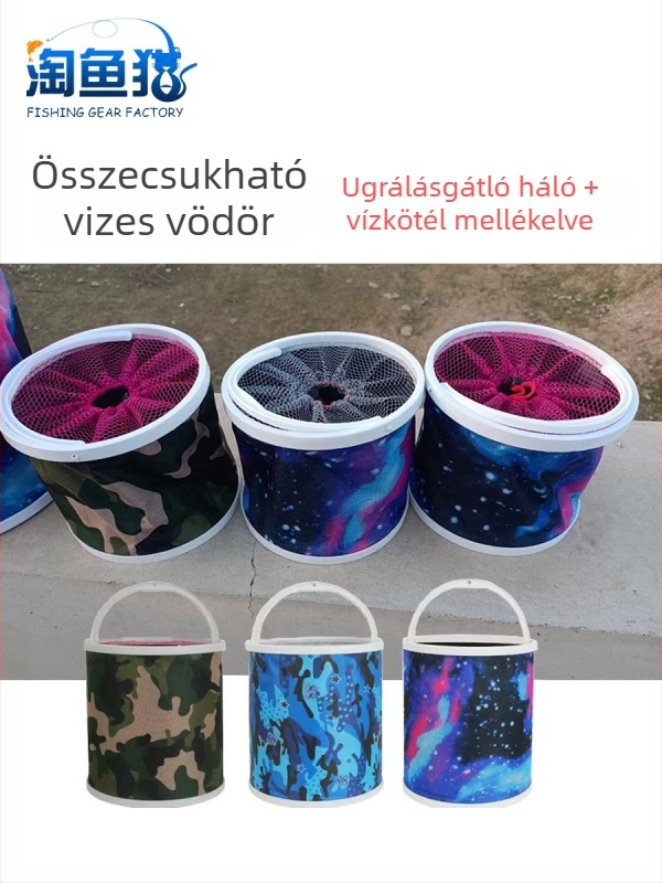 Összecsukható horgászvödör antiugrás hálóval és vízre kötéllel, vászon horgászfelszerelés