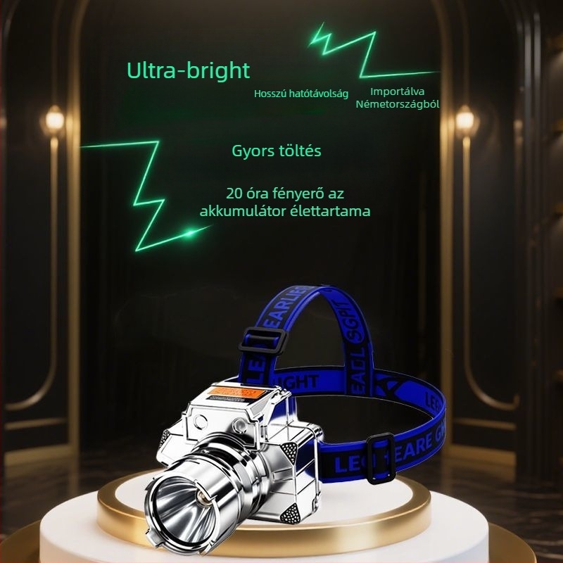 LED fejlámpa, 10W lézerfény, akkumulátoros működésű, fejre szerelhető, mérnöki műanyag ház