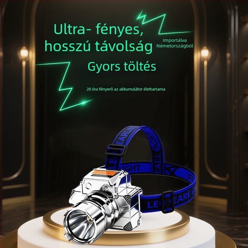 LED fejlámpa, 10W lézerfény, akkumulátoros működésű, fejre szerelhető, mérnöki műanyag ház
