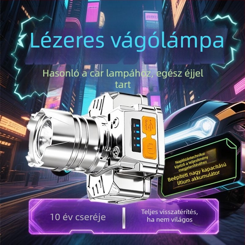 LED fejlámpa, 10W lézerfény, akkumulátoros működésű, fejre szerelhető, mérnöki műanyag ház
