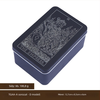 Tároló doboz társasjáték-kártyákhoz, vasból; alkalmas társasjáték- és tarokk kártyákhoz; korosztályok: 7–14, 15–35, 36–60, 61+