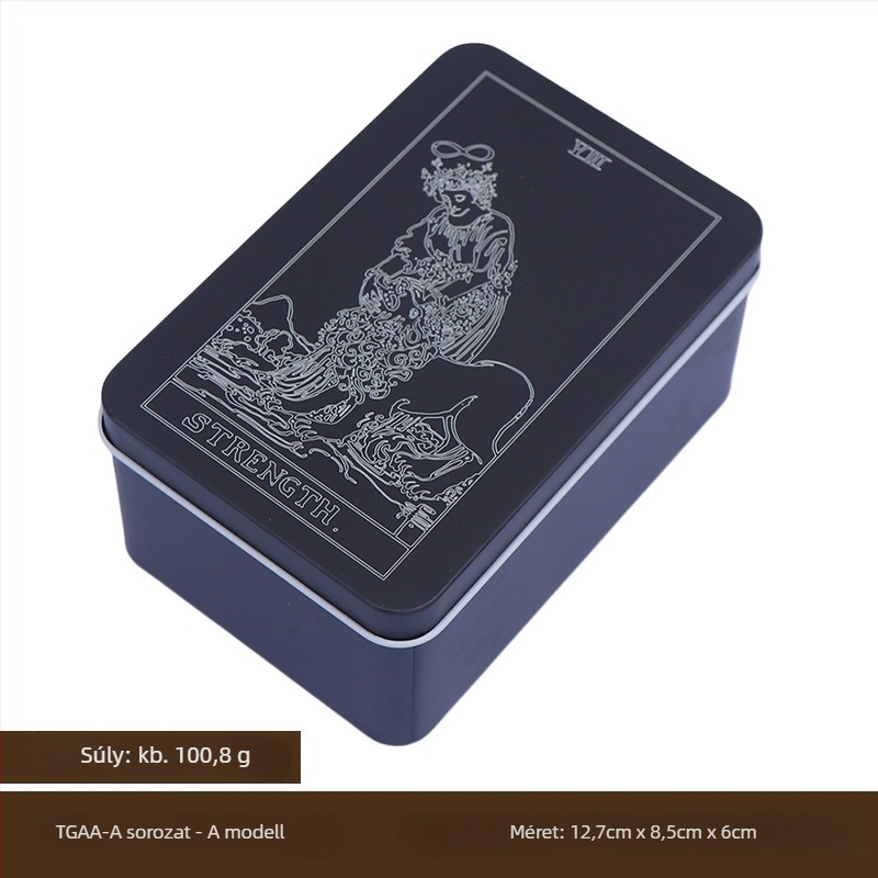 Tároló doboz társasjáték-kártyákhoz, vasból; alkalmas társasjáték- és tarokk kártyákhoz; korosztályok: 7–14, 15–35, 36–60, 61+