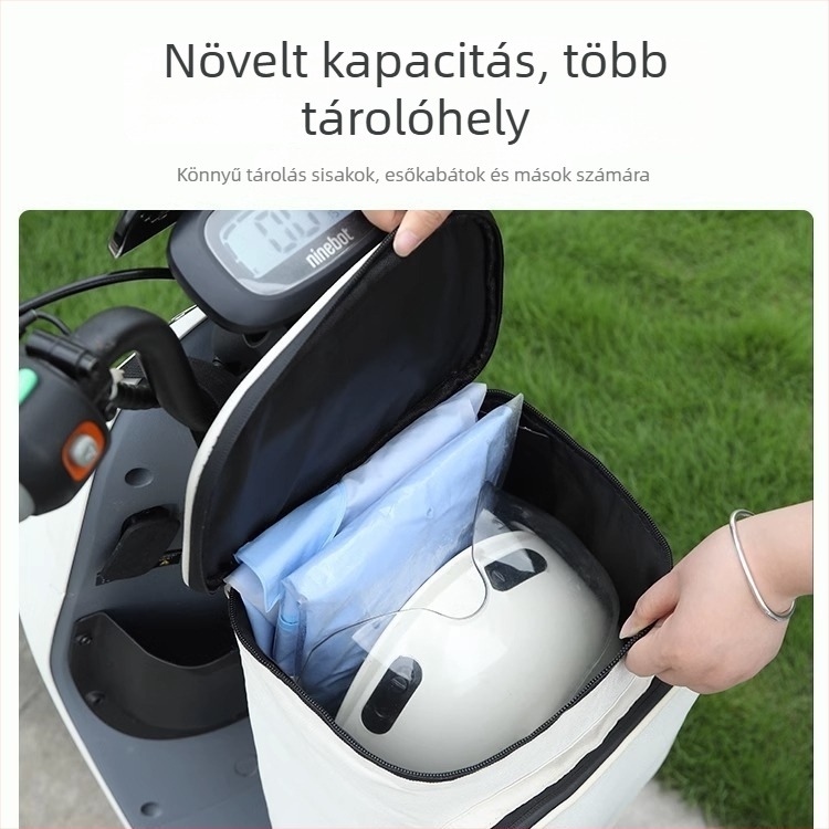 Nagy méretű vízálló elülső rekeszes tároló táska elektromos kerékpárhoz, sisak- és esőkabát tárolására; kompatibilis Yadea és AIMA.