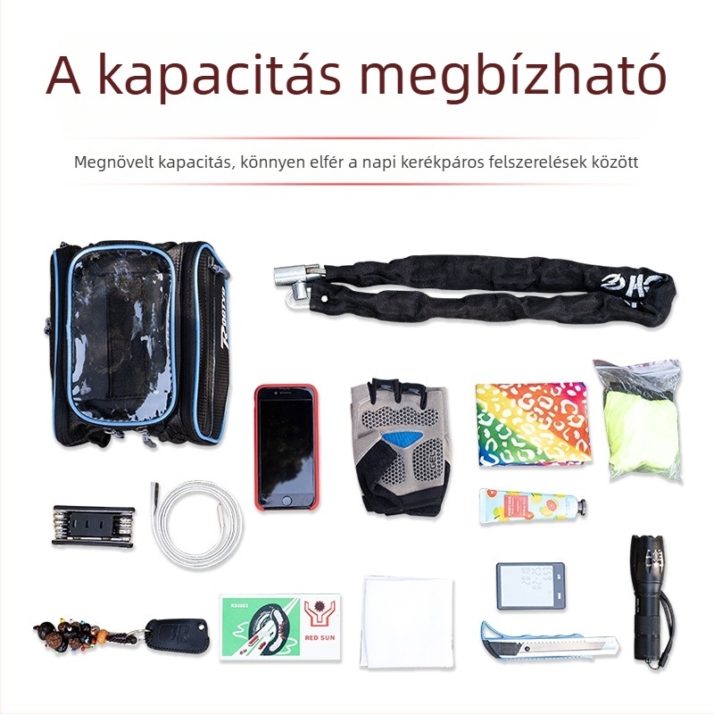 Nagy kapacitású hegyi kerékpár váztáska, vízálló érintőképernyő ablak a telefonhoz, elülső csőre szerelve
