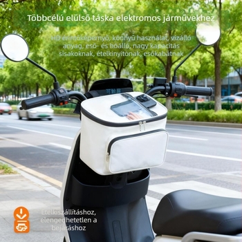 Esőálló elülső rögzítésű táska elektromos biciklik és robogók számára – esőruha tároló rekesz