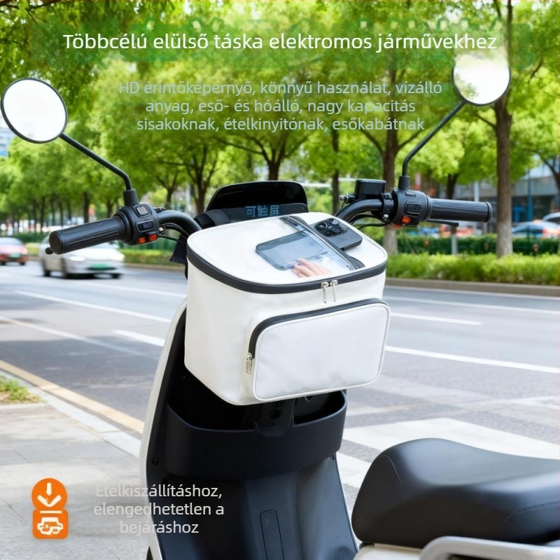 Esőálló elülső rögzítésű táska elektromos biciklik és robogók számára – esőruha tároló rekesz