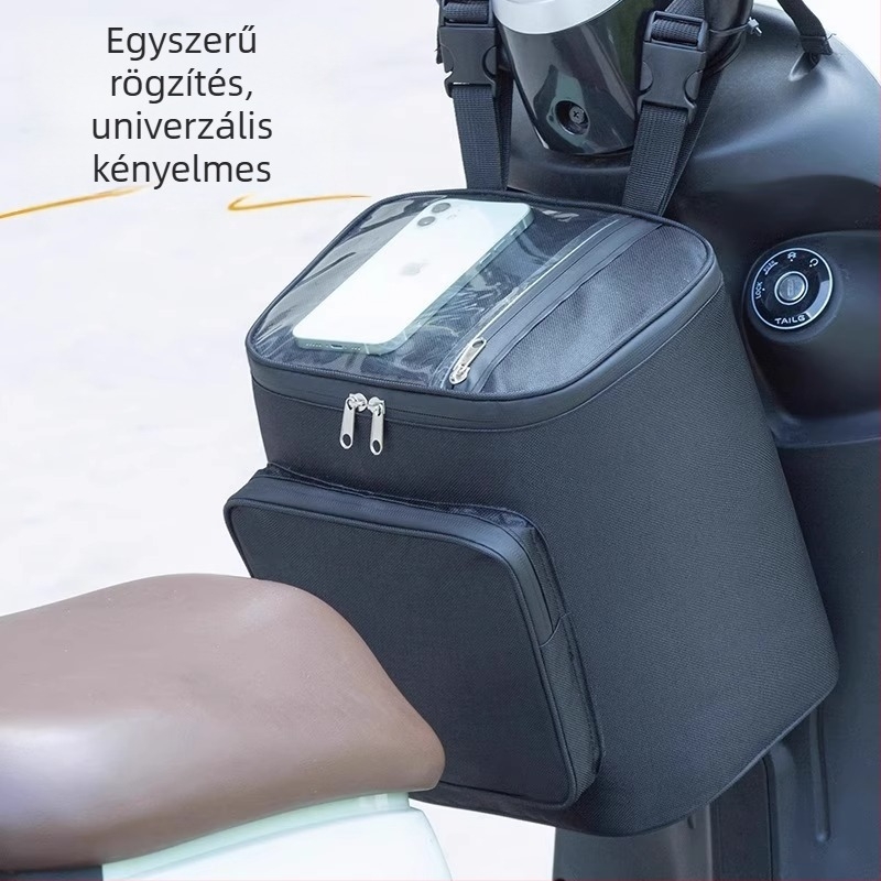 Esőálló elülső rögzítésű táska elektromos biciklik és robogók számára – esőruha tároló rekesz