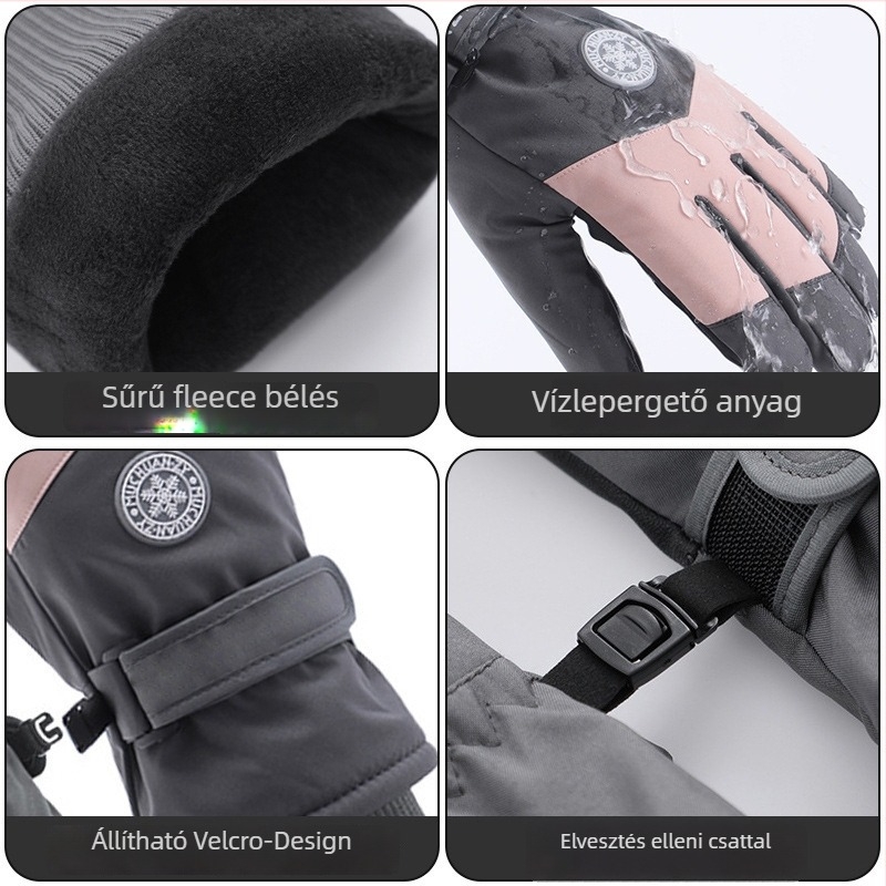 Uniszex kerékpáros és síelős kesztyű fleece béléssel, hosszú, vastag, vízlepergető és érintőképernyő-kompatibilis