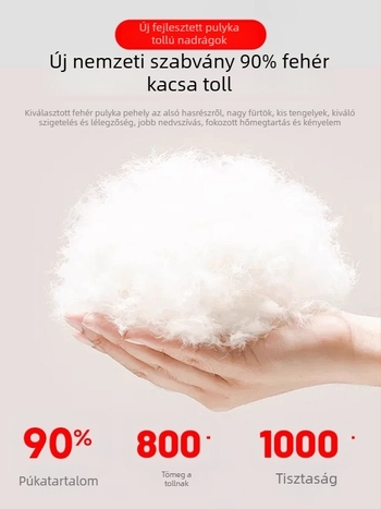 Női tollas nadrág külső viselethez, nejlon külső, fehér kacsa toll töltet, magas derék, egyenes szabás, vastag téli nadrág