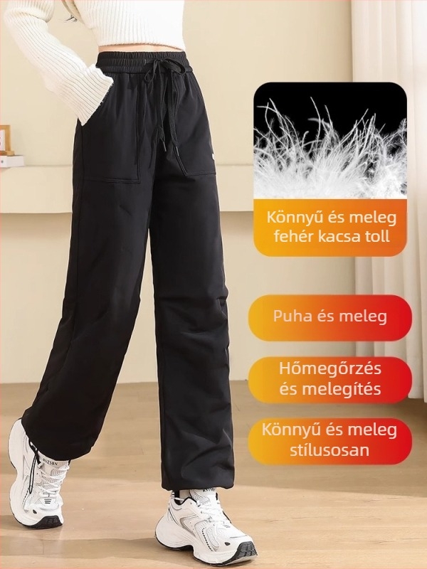 Női tollas nadrág külső viselethez, nejlon külső, fehér kacsa toll töltet, magas derék, egyenes szabás, vastag téli nadrág