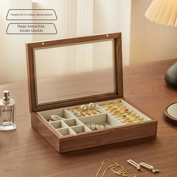 Fekete diófából készült ékszerdoboz fedéllel – vízihullám mintázat, 1 réteg, asztali tárolás