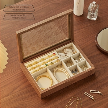 Fekete diófából készült ékszerdoboz fedéllel – vízihullám mintázat, 1 réteg, asztali tárolás