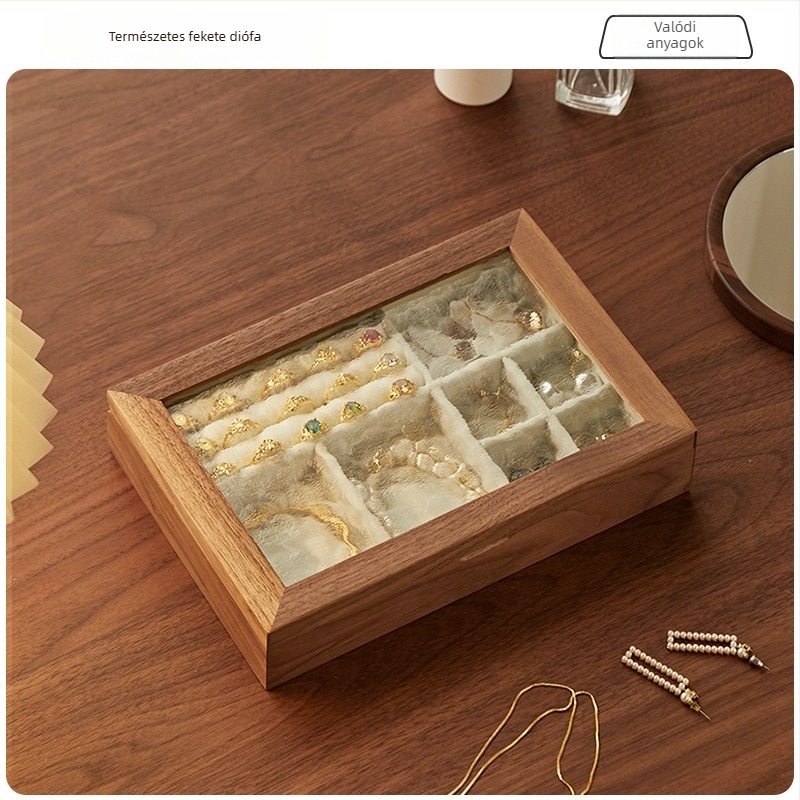 Fekete diófából készült ékszerdoboz fedéllel – vízihullám mintázat, 1 réteg, asztali tárolás