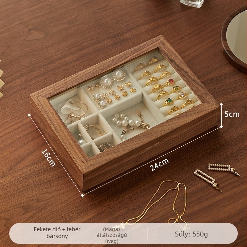 Fekete diófából készült ékszerdoboz fedéllel – vízihullám mintázat, 1 réteg, asztali tárolás