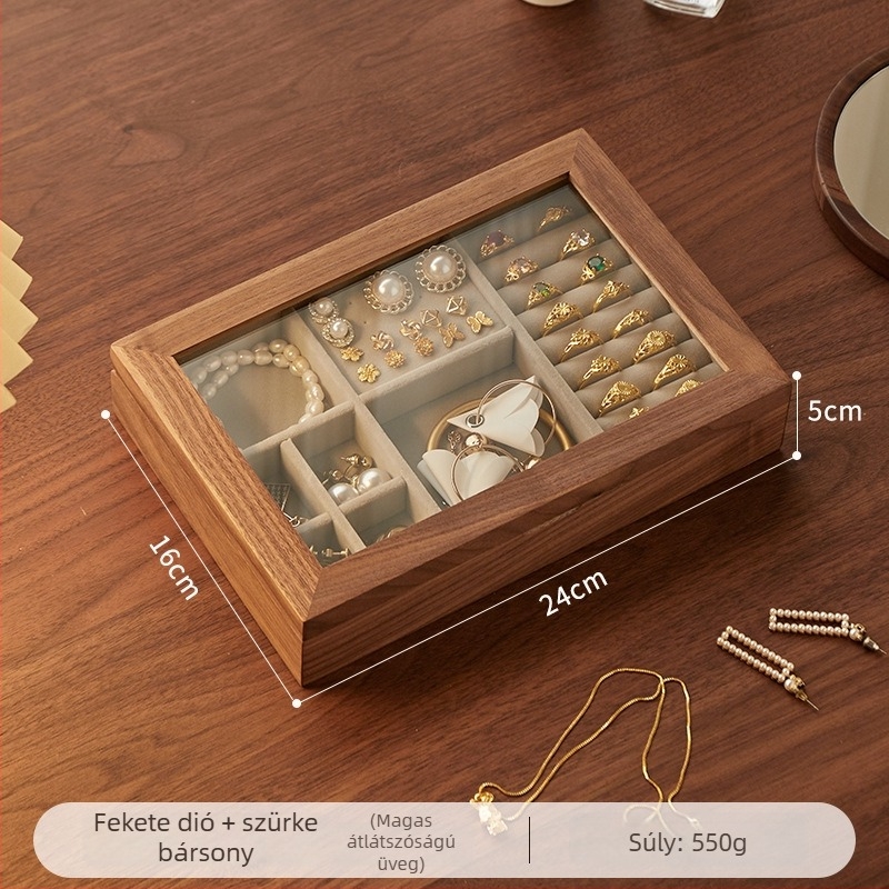 Fekete diófából készült ékszerdoboz fedéllel – vízihullám mintázat, 1 réteg, asztali tárolás