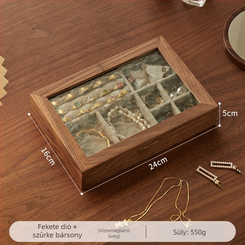 Fekete diófából készült ékszerdoboz fedéllel – vízihullám mintázat, 1 réteg, asztali tárolás