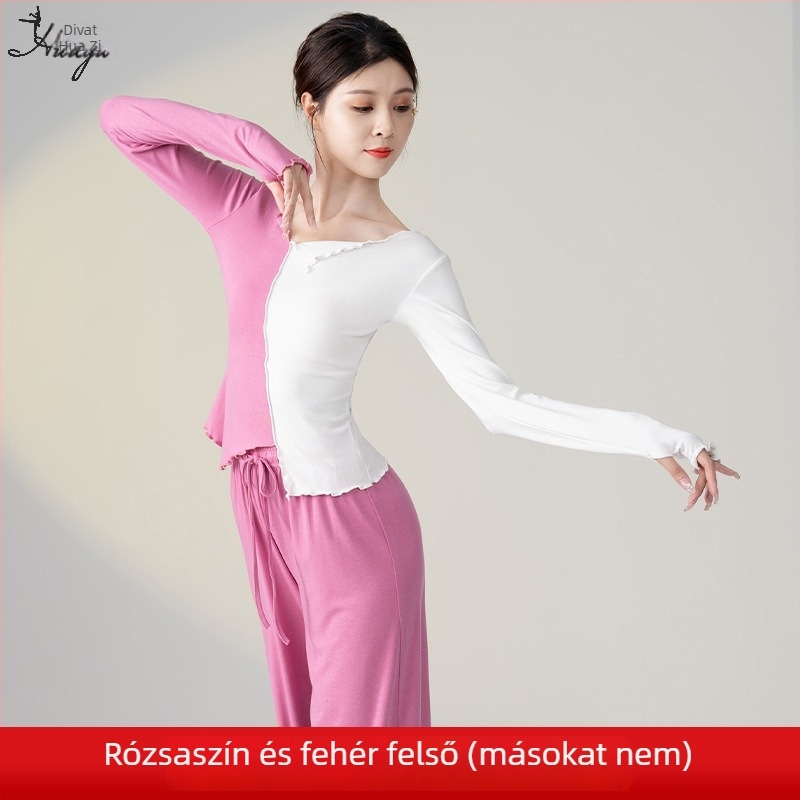 Női táncedzés felső baletthez és modern tánchoz, színkontrasztos minta, modal anyag, pamut-elasztán keverék