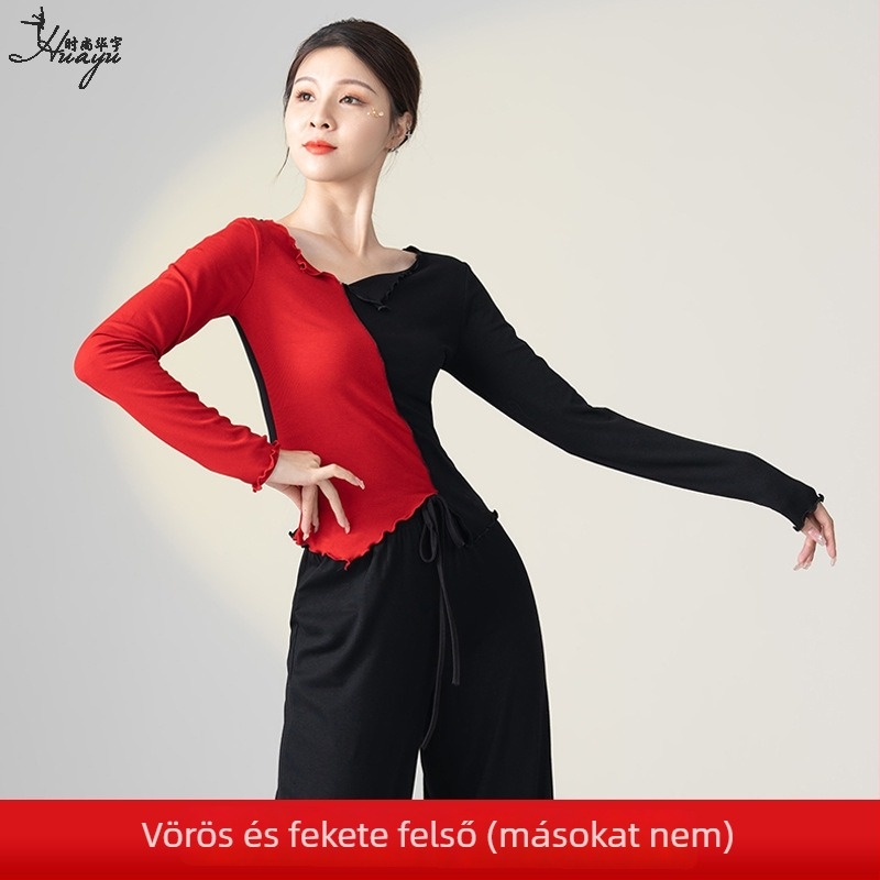 Női táncedzés felső baletthez és modern tánchoz, színkontrasztos minta, modal anyag, pamut-elasztán keverék