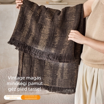 Vintage kiváló minőségű pamut géz takaró bojtokkal – irodai pihenéshez, kanapé takaró, kompakt légkondicionált helyiségekhez, ágynál futó