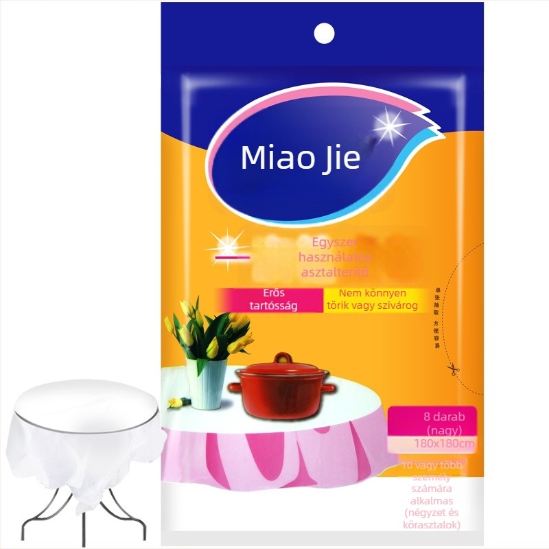 PE anyagú egyszer használatos asztalterítő, négyszögletes formájú, vastagodott, mintázat nélküli, nem biológiailag lebomló.