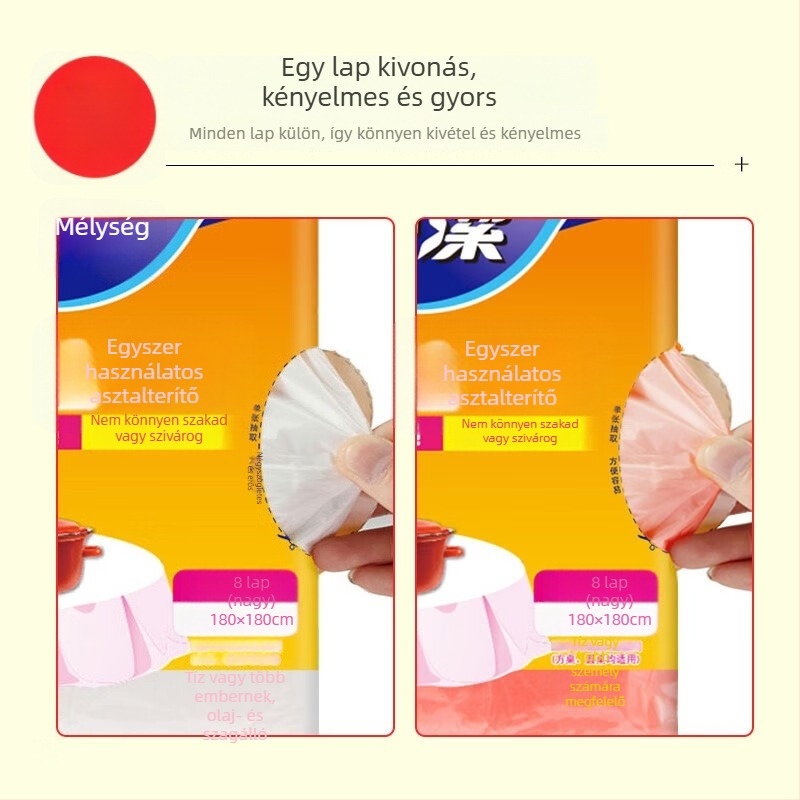 PE anyagú egyszer használatos asztalterítő, négyszögletes formájú, vastagodott, mintázat nélküli, nem biológiailag lebomló.