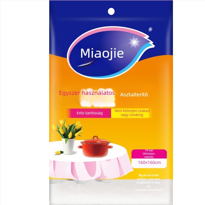 PE anyagú egyszer használatos asztalterítő, négyszögletes formájú, vastagodott, mintázat nélküli, nem biológiailag lebomló.