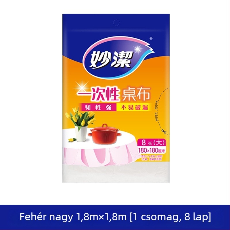 PE anyagú egyszer használatos asztalterítő, négyszögletes formájú, vastagodott, mintázat nélküli, nem biológiailag lebomló.