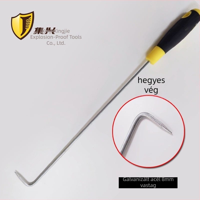 Redőnyajtókhoz készült kampó, egylapos kampó hosszú nyelemmel, 304 rozsdamentes acél, teherbírás 15 kg, lyukkal