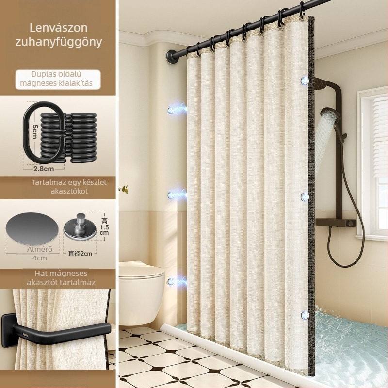 Lenvászon zuhanyfüggöny modern fürdőszobához, fekete szegélyes len minta, testreszabható, márka Futuristic