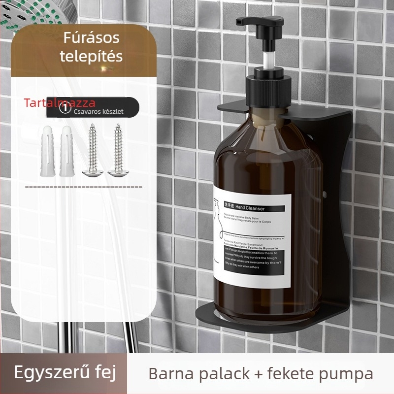 Falihoz rögzített szappanadagoló üveggel samponhoz — ABS, kézi nyomásos működés, oxidált felület