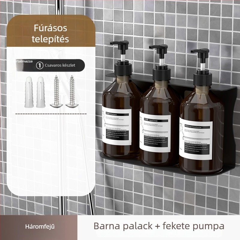 Falihoz rögzített szappanadagoló üveggel samponhoz — ABS, kézi nyomásos működés, oxidált felület