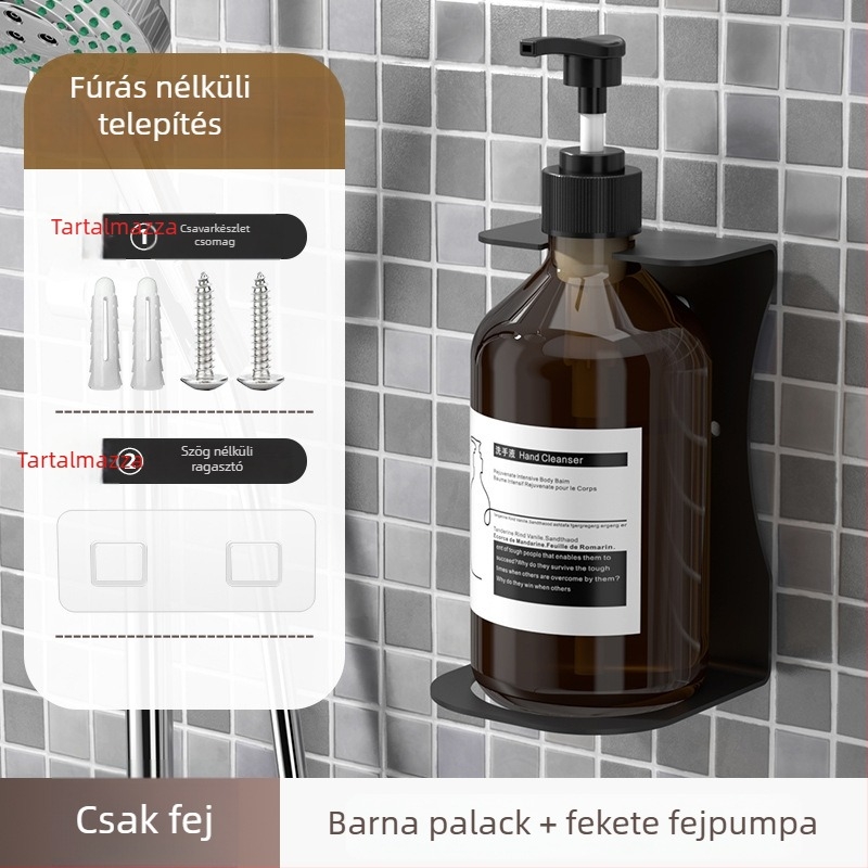Falihoz rögzített szappanadagoló üveggel samponhoz — ABS, kézi nyomásos működés, oxidált felület