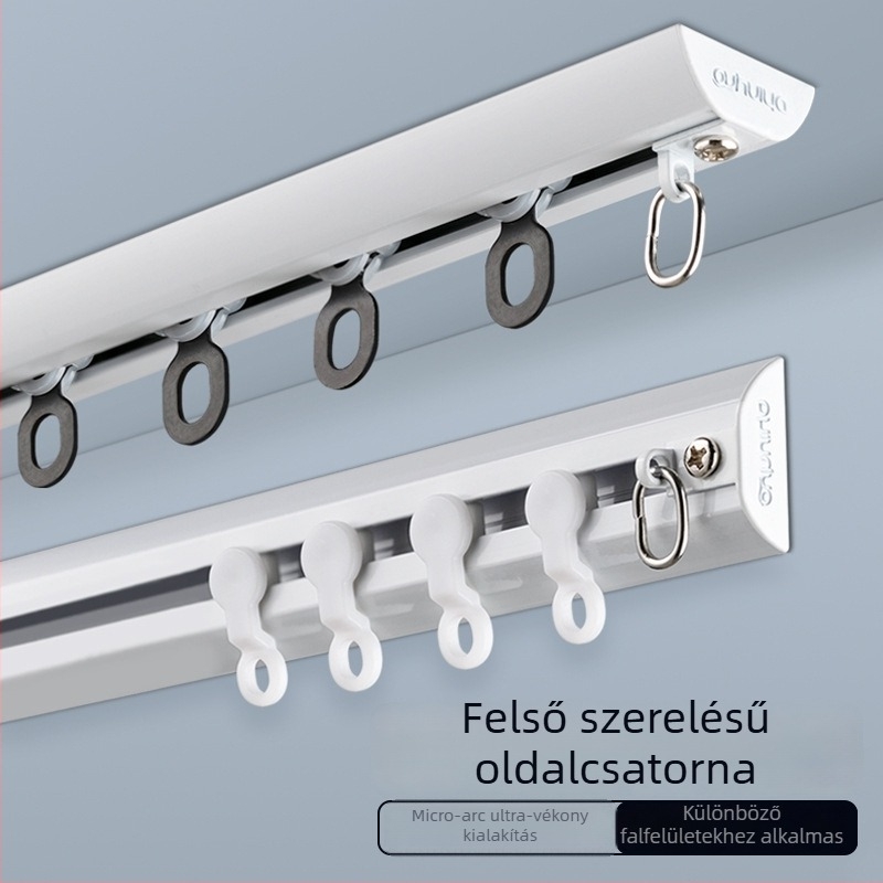 Alumínium ötvözetű függönypálya rendszer csendes csúszással — sínes függönypálya, kampó sín, modern minimalista dizájn