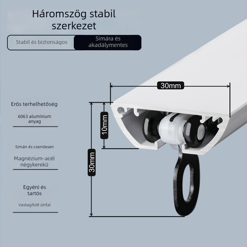 Alumínium ötvözetű függönypálya rendszer csendes csúszással — sínes függönypálya, kampó sín, modern minimalista dizájn