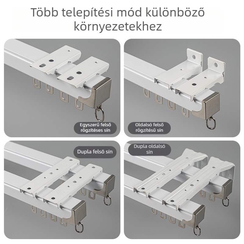 Függöny sín egyenes pályával, alumínium ötvözet, felső- vagy oldalsó rögzítés, egy- vagy kettős sín, csendes görgős csapágy