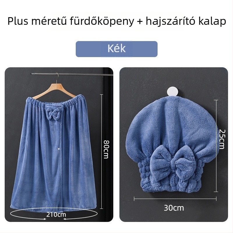 Korall plüss fürdőlepedő, túlméretes, viselhető köntös és hajszárító sapka; 300–400 g, 150d, egyszerű szövés