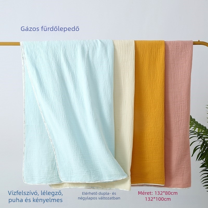 Fürdő- és strandtörölköző, négyszeres krepp géz anyag, varrt szegéllyel, 200–300 g, szál 40
