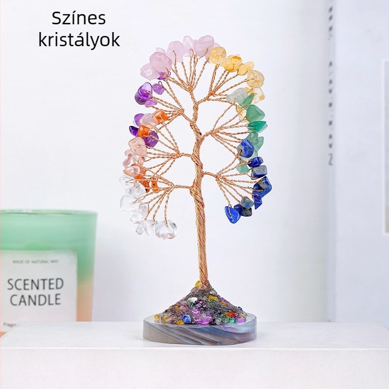 Természetes kristály szerencsefa lila- és rózsaszín citrin kavicsokkal, agát alapra helyezve, otthoni dekorációhoz